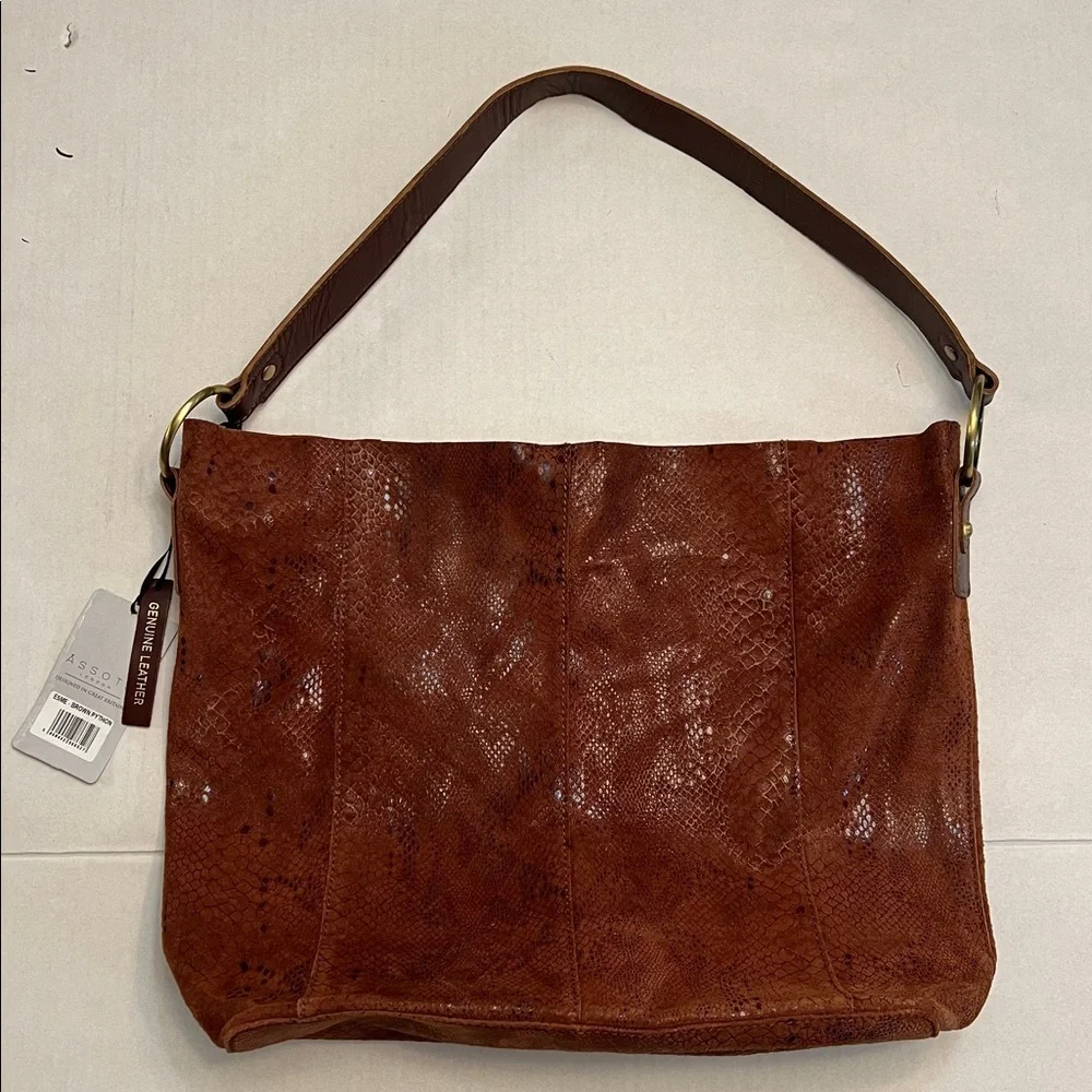 ASSOTS LONDON BROWN SNAKE FOIL PATTERN LEATHER HOBO TOTE BAG NEW
